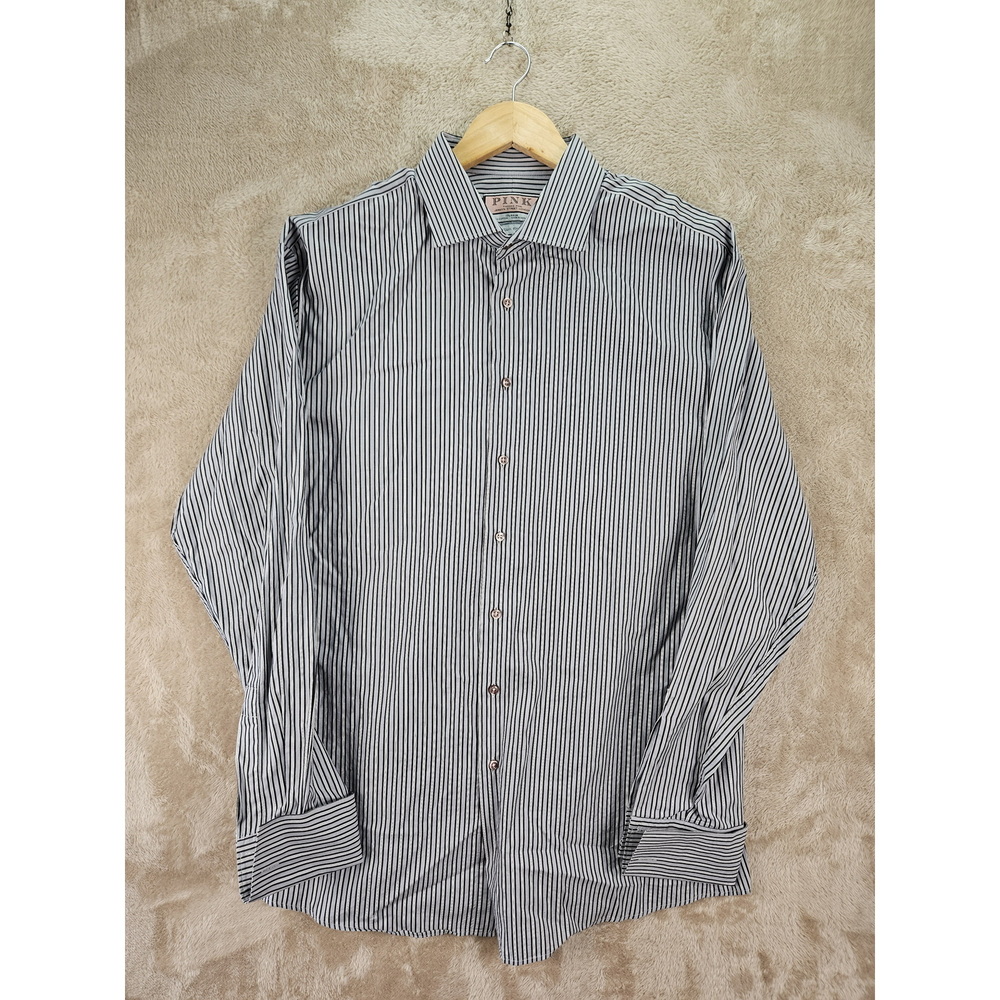 Thomas Pink Dress Shirt Slim Fit Size 17½ 44 Cuff Link 100% Cotton Long Sleeve